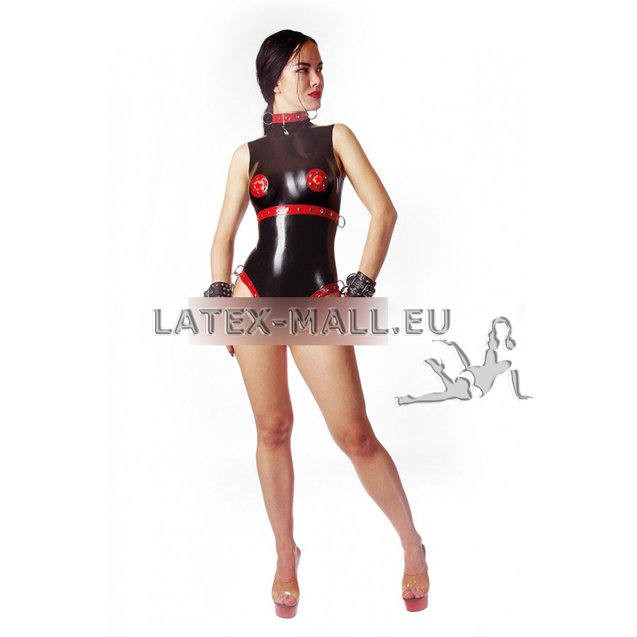 latex leotard with edging and pseudo-bondage rings