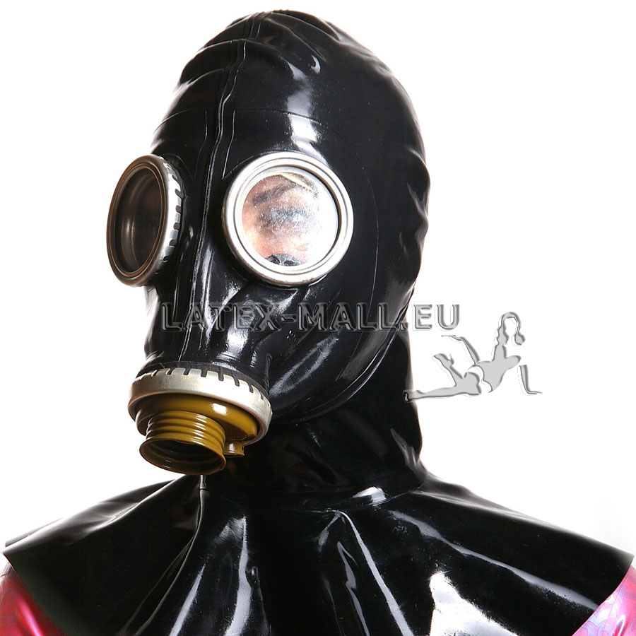 Latex gas mask with hood hangman style