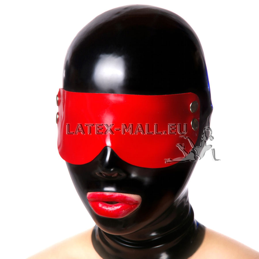 Latex mask with blinders on the eyes